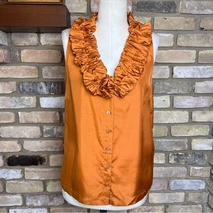 J CREW burnt orange sleeveless 100% silk top with pleated bubble ruffle trim